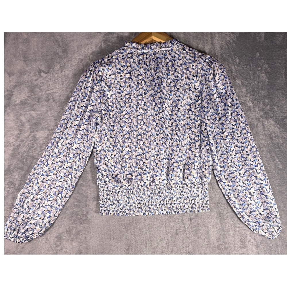 Tamara H. Blue Floral Smocked Hem Blouse Metallic Gold Stripe Tie Neck Medium